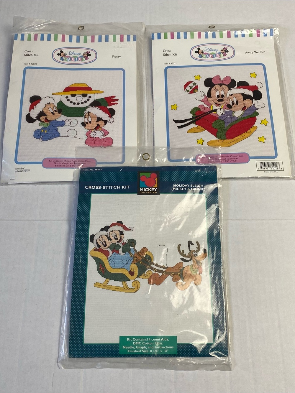 3 Christmas Cross Stitch Kit Lot Mickey Unlimited Holiday Sleigh + Disney Babies